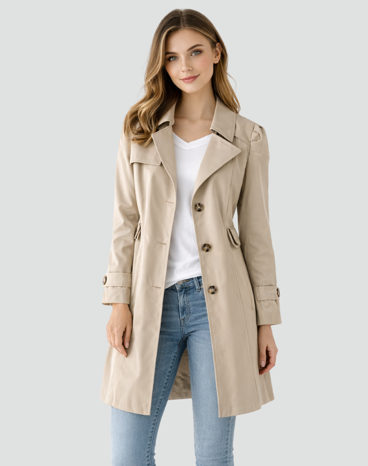 Damski lekki trencz Slim Fit z klasycznym kołnierzem z klapami
