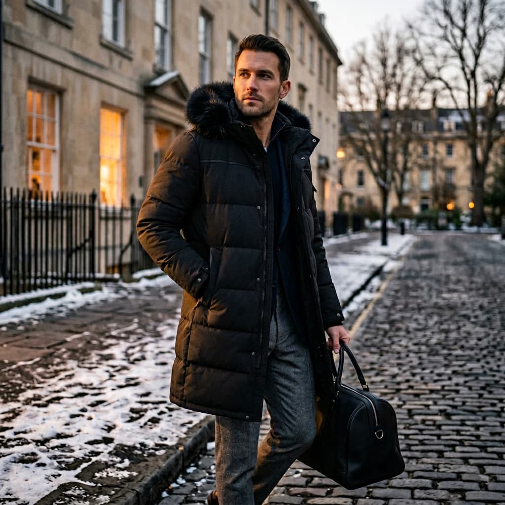 Męska długa kurtka pikowana z odpinanym kapturem